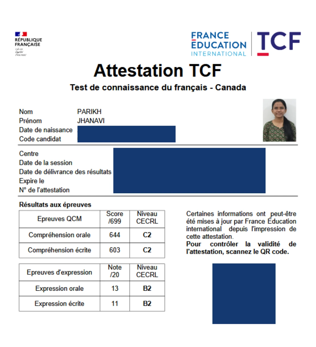 Jahnvis TCF result