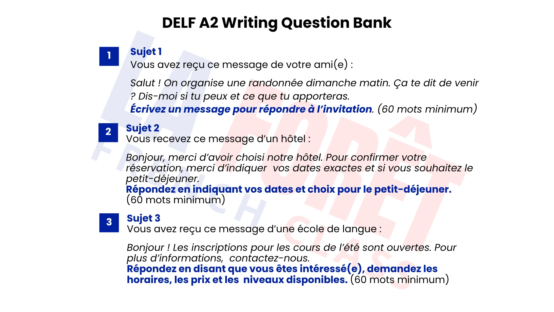 DELF A2 Writing Question Bank