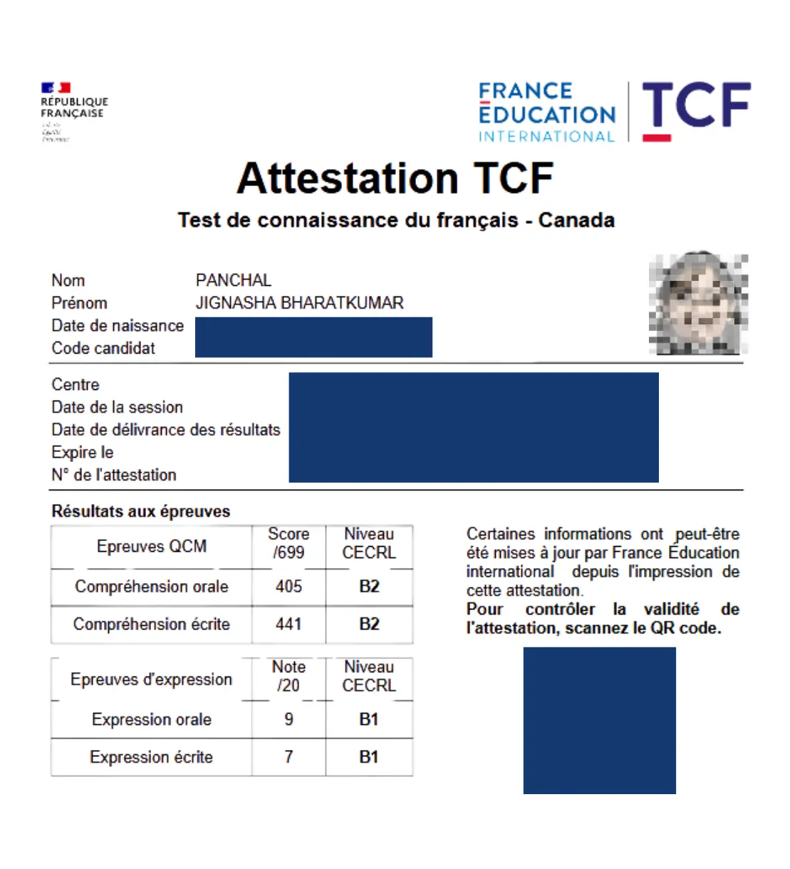 Jignasha's TCF result